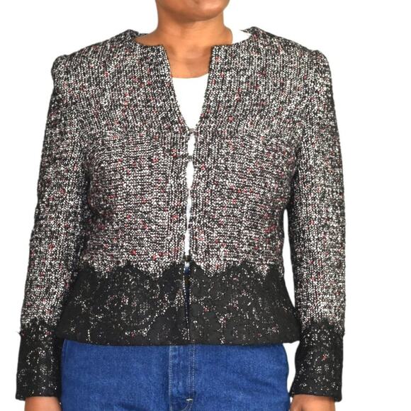 Karen Millen Tweed Jacket Lace Trim Suit Blazer Black Classic Textured Size 10 - Picture 9 of 15